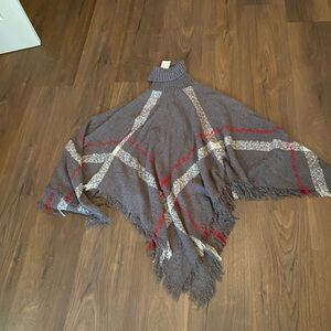 Gray Sweater Poncho With Cowl Neck & Fringe